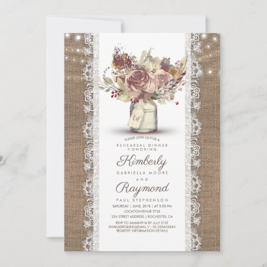 ヴィンテージ素朴メイスン・ジャー | Burlapリハーサルディナー 招待状 (正面)