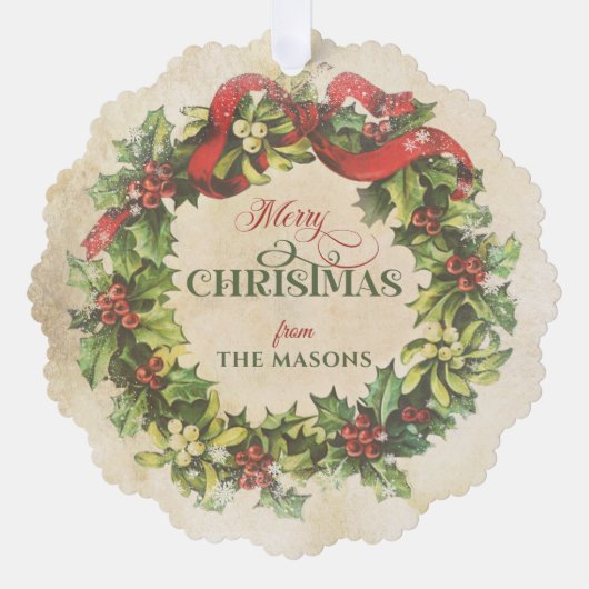 ヴィンテージ素朴メリークリスマスフローラリース写真 オーナメントカード (正面)