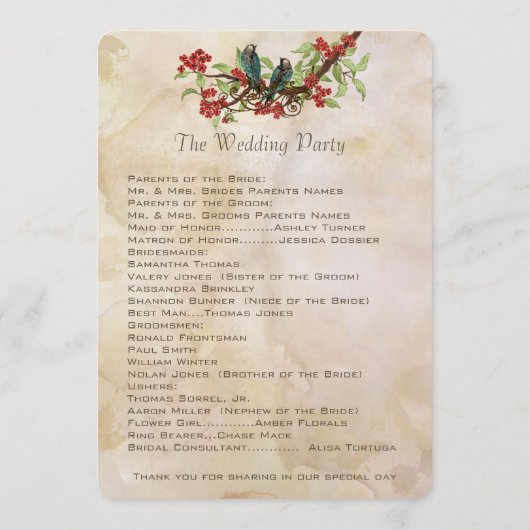 ヴィンテージ素朴ラブバードティーステイン結婚式 プログラム (裏面)