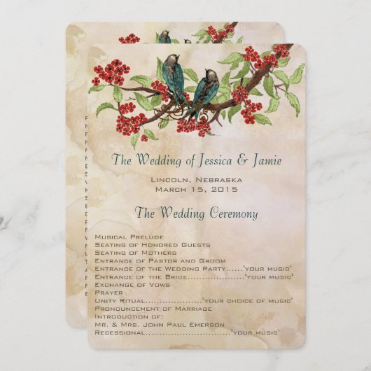 ヴィンテージ素朴ラブバードティーステイン結婚式 プログラム (正面/裏面)