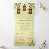 ヴィンテージ素朴ランタンが入った結婚国 三つ折り招待状 (内部)