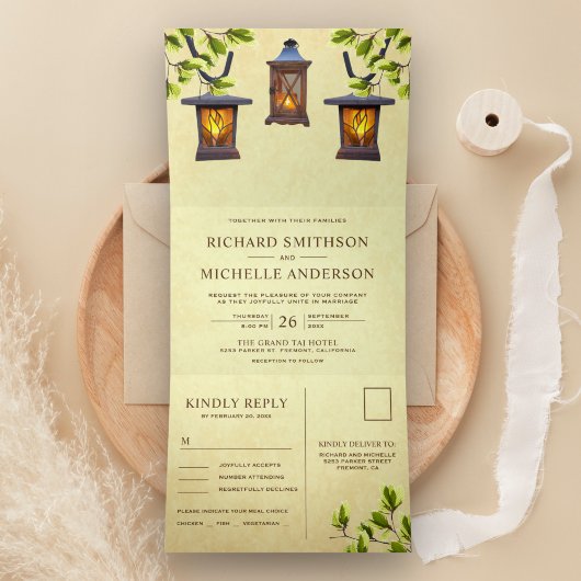 ヴィンテージ素朴ランタンが入った結婚国 三つ折り招待状