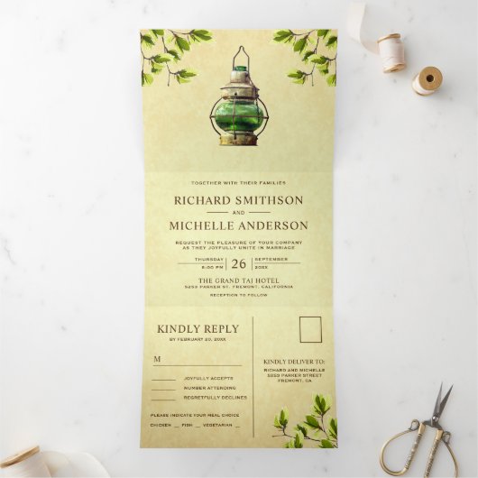ヴィンテージ素朴ランタン全容結婚量 三つ折り招待状 (内部)
