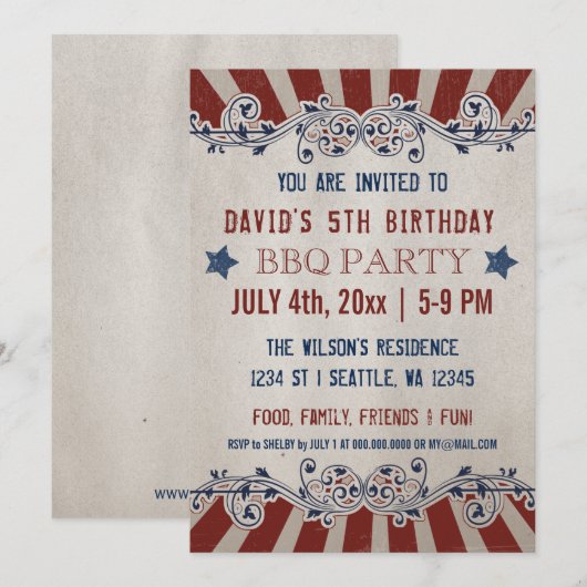 ヴィンテージ素朴レッドとブルーのメモリアルデー誕生日 招待状 (正面/裏面)