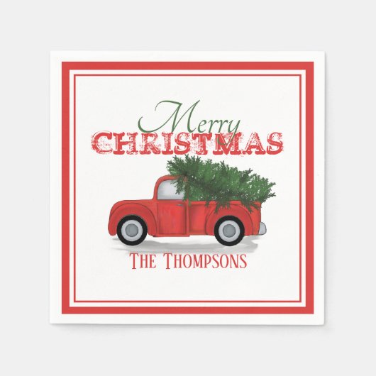 ヴィンテージ素朴レッドトラックキュートファームハウスファミリー スタンダードカクテルナプキン (正面)