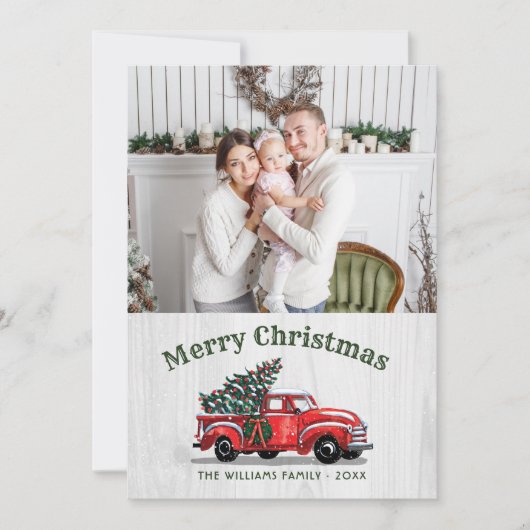 ヴィンテージ素朴レッドトラック家族の写真クリスマス シーズンカード (正面)