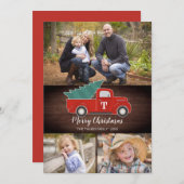 ヴィンテージ素朴レッドトラック3写真クリスマスカード シーズンカード (正面/裏面)