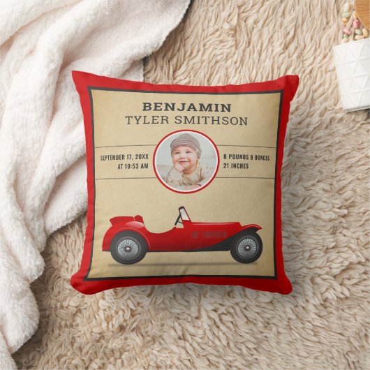 ヴィンテージ素朴レッドレースカーベビー写真誕生統計 クッション (ブランケット)