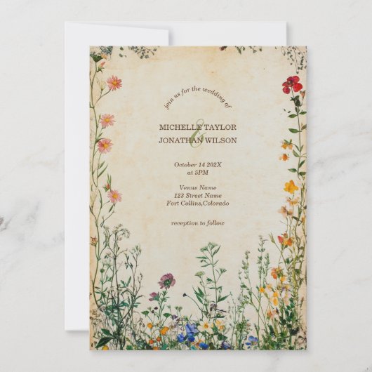 ヴィンテージ素朴レトロメドウワイルドフラワー 招待状 (正面)