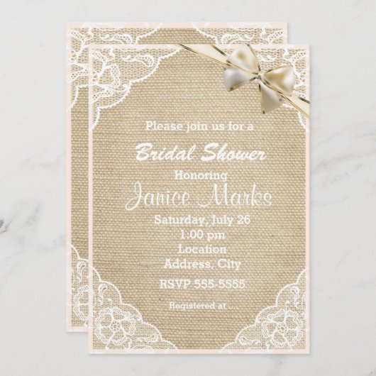 ヴィンテージ素朴レースのブライダルシャワー招待 招待状 (正面/裏面)
