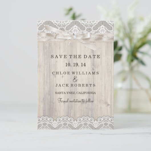 ヴィンテージ素朴レース&ウッドウェディング日付を保存 セーブザデート (スタンド正面)