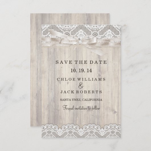 ヴィンテージ素朴レース&ウッドウェディング日付を保存 セーブザデート (正面/裏面)