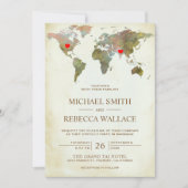 ヴィンテージ素朴ワールドマップ旅行結婚ハート 招待状 (正面)