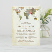 ヴィンテージ素朴ワールドマップ旅行結婚ハート 招待状 (スタンド正面)