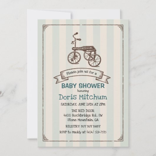 ヴィンテージ素朴三輪車ボーイベビーシャワー招待状 招待状 (正面)