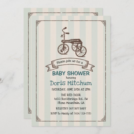 ヴィンテージ素朴三輪車ボーイベビーシャワー招待状 招待状 (正面/裏面)