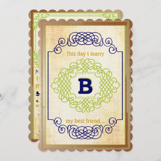 ヴィンテージ素朴中世の青い銅と緑 招待状 (正面/裏面)