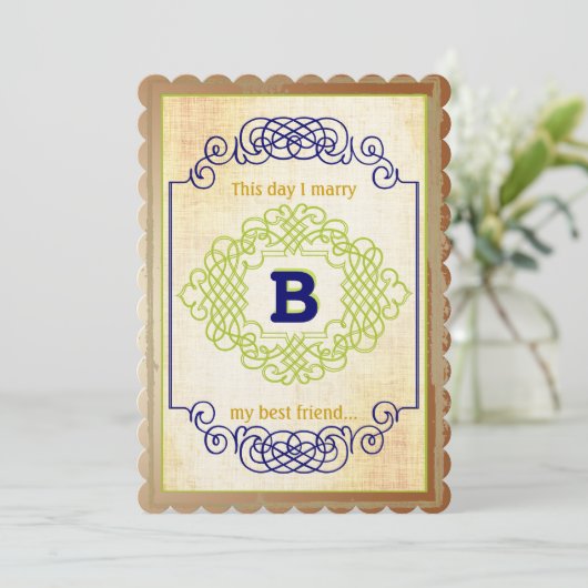 ヴィンテージ素朴中世の青い銅と緑 招待状 (スタンド正面)