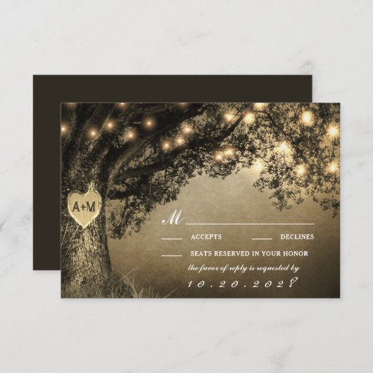 ヴィンテージ素朴彫りオークの木の結婚式RSVPカード 出欠カード (正面/裏面)