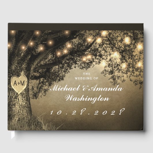 ヴィンテージ素朴彫りオーク結婚の木 ゲストブック (正面)