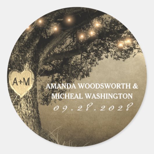ヴィンテージ素朴彫りオーク結婚式の引き出物シール ラウンドシール (正面)