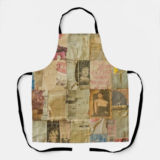 ヴィンテージ素朴新聞パッチワークコラージュ(6) エプロン (正面)