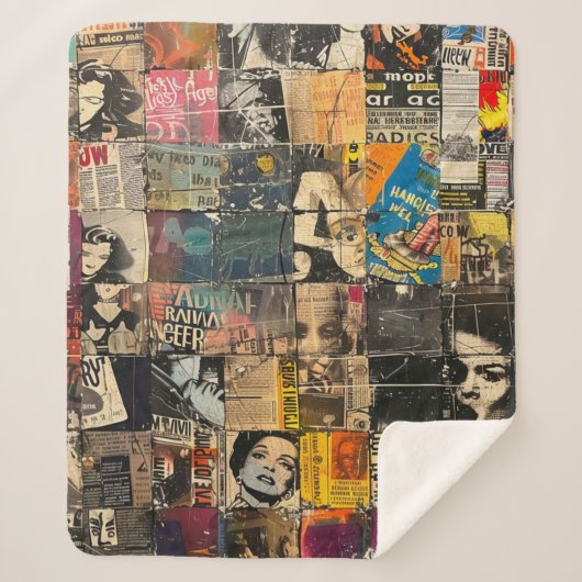 ヴィンテージ素朴新聞パッチワークコラージュ(7) シェルパブランケット (正面)