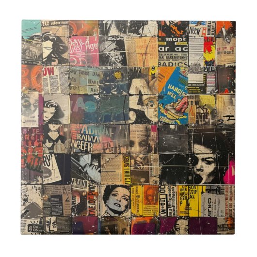 ヴィンテージ素朴新聞パッチワークコラージュ(7) タイル (正面)