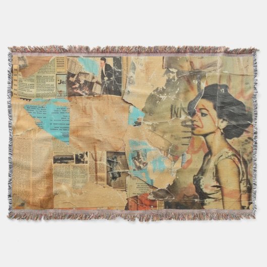 ヴィンテージ素朴新聞パッチワークコラージュ(8) スローブランケット (正面)