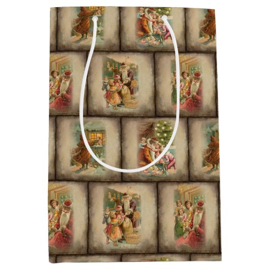 ヴィンテージ素朴旧世界の父クリスマスコラージュ ミディアムペーパーバッグ (正面)