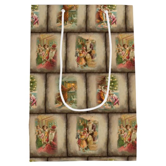 ヴィンテージ素朴旧世界の父クリスマスコラージュ ミディアムペーパーバッグ (裏面)