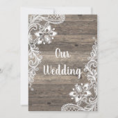 ヴィンテージ素朴木材ホワイトレース結婚ズ 招待状 (正面)