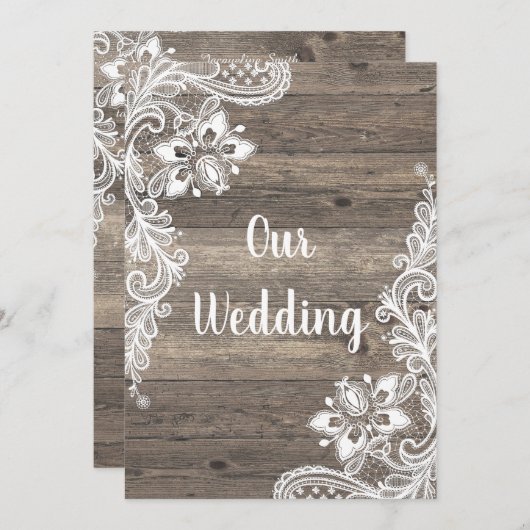 ヴィンテージ素朴木材ホワイトレース結婚ズ 招待状 (正面/裏面)