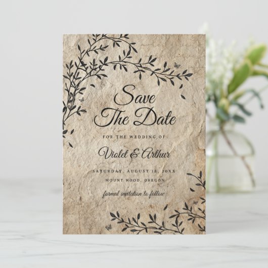 ヴィンテージ素朴植物結婚式の日付を保存 招待状 (スタンド正面)