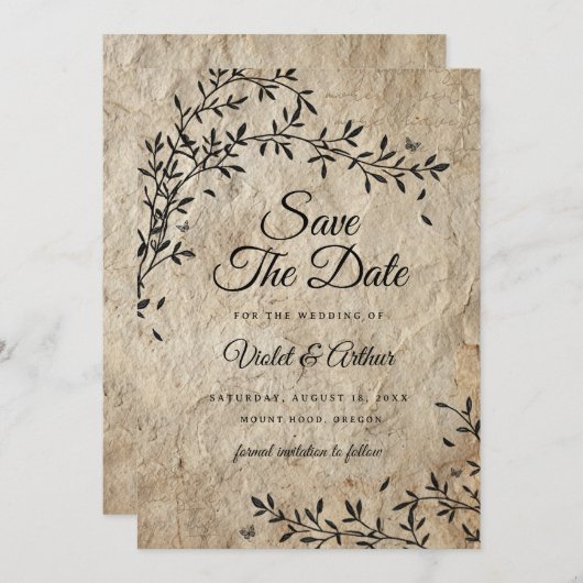 ヴィンテージ素朴植物結婚式の日付を保存 招待状 (正面/裏面)