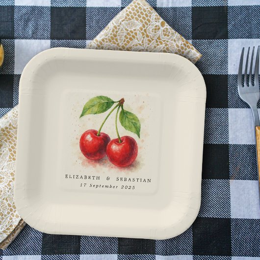 ヴィンテージ素朴水彩さくらんぼフルーツタイポグラフィ ペーパープレート