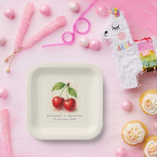 ヴィンテージ素朴水彩さくらんぼフルーツタイポグラフィ ペーパープレート (パーティー)