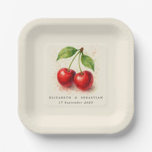 ヴィンテージ素朴水彩さくらんぼフルーツタイポグラフィ ペーパープレート (正面)