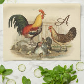 ヴィンテージ素朴水色のカラフル鶏の鶏 キッチンタオル (折り畳み)