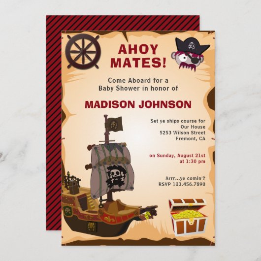 ヴィンテージ素朴海賊テーマベビーシャワー 招待状 (正面/裏面)
