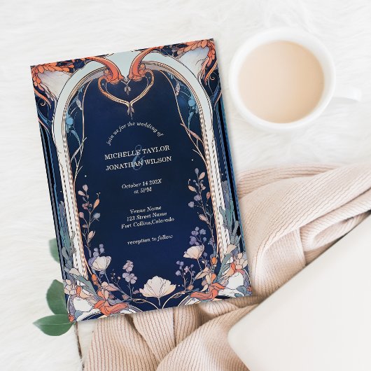 ヴィンテージ素朴海軍フローラアールヌーボー 招待状