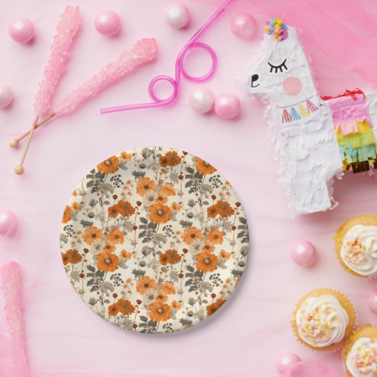 ヴィンテージ素朴焦げオレンジ色秋花模様 ペーパープレート (パーティー)