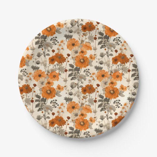 ヴィンテージ素朴焦げオレンジ色秋花模様 ペーパープレート (正面)