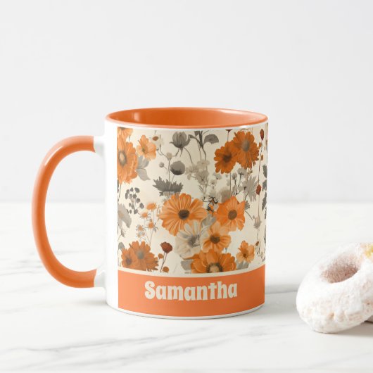 ヴィンテージ素朴焦げオレンジ色秋花模様 マグカップ (ドーナツ)