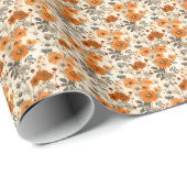 ヴィンテージ素朴焦げオレンジ色秋花模様 ラッピングペーパー (ロールコーナー)