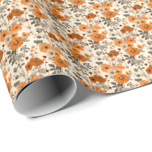 ヴィンテージ素朴焦げオレンジ色秋花模様 ラッピングペーパー (ロールコーナー)