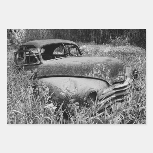 ヴィンテージ素朴白黒車オールドアンティーク ラッピングペーパーシート (正面2)