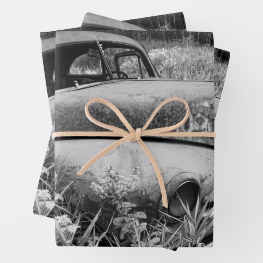 ヴィンテージ素朴白黒車オールドアンティーク ラッピングペーパーシート (インサイチュ)