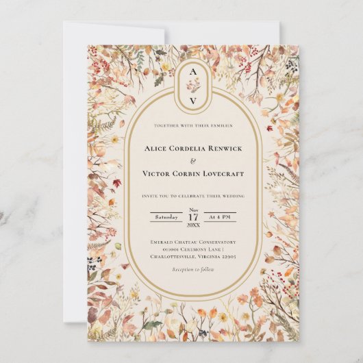 ヴィンテージ素朴秋ベージュ結婚ズモノグラム 招待状 (正面)