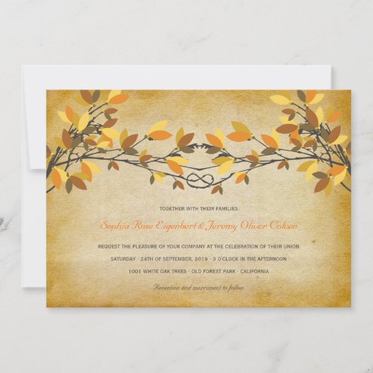 ヴィンテージ素朴結び恋の木の秋結婚の 招待状 (正面)